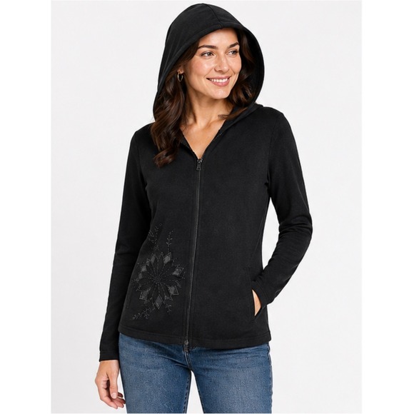 BCBG Tops - BCBG Womens Black Embroidered Zip Front Hoodie Sweater XL